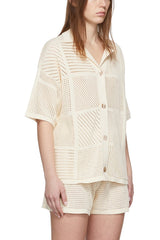 Solid Color Casual Cutout Button Shirt and Elastic Waist Drawstring Shorts Set