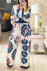 Unique Printed Lapel Long-sleeved Loose Shirt and Casual Pocket Wide-leg Pants Set