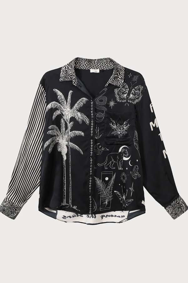 Black Magic Satin Unique Print Long Sleeve Blouse and Elastic Waist Pocket Wide Leg Pants Set