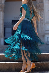 Elegant Tassel Hem Elastic Waist Casual Maxi Skirt