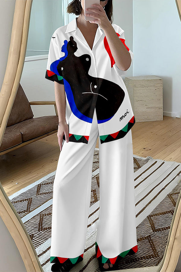 Abstract Body Print Oversized Blouse and Elastic Waist Pocketed Pants Set
