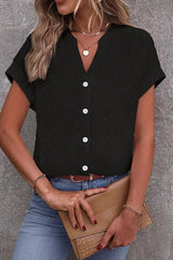 Solid Color Jacquard V-Neck Button Casual Shirt