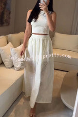 Kaya Embroidery Hollow Lace Back Smocked Tank and Elastic Waist A-line Maxi Skirt Set