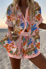 Leopard Plant Print Loose Button Elastic Waist Shorts Set