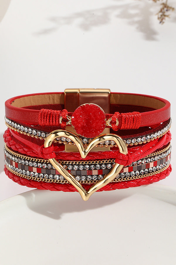 Bohemian Leather Cord Multi-layered Raw Stone Heart Bracelet