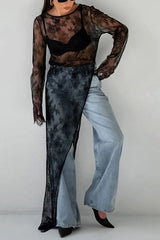 Sexy Openwork Lace Long-sleeved Asymmetrical Casual Top