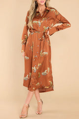 Going Wild Satin Leopard Print Button Down Long Sleeve Midi Dress
