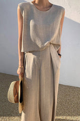 Linen Blend Casual Round Neck Sleeveless Top and Loose Wide-leg Pants Set
