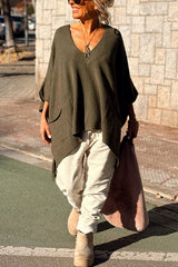 Fashion V-neck Loose Pocket Mid-length Knitted Poncho Sweater