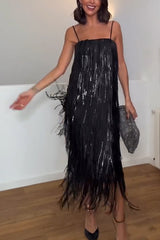 Chic Celebration Layered Sequined Tassels Slip Strapless H-line Midi Dress