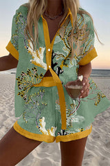 Twig Print Loose Button Elastic Waist Shorts Set