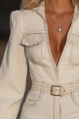 Stylish Long-sleeved Fitted Waist Fringed Hem Denim-style Mini Dress