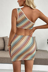 Colorful Zigzag Pattern Sexy One Shoulder Bare Waist Holiday Mini Dress