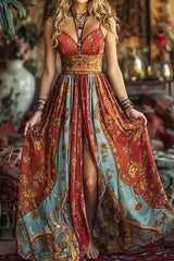 Unique Printed Open Back Pleated Waist Maxi Dress