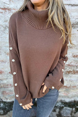 Solid Color Casual Turtleneck Button Decoration Long Sleeve Loose Knit Sweater