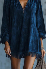 Solid Color Loose Hooded Zip-up Casual Long-sleeved Tassel Hem Mini Dress