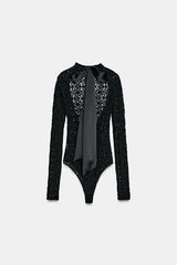 Anna Semi-sheer Lace Long Sleeve Back Bow Tie-up Cutout Stretch Bodysuit