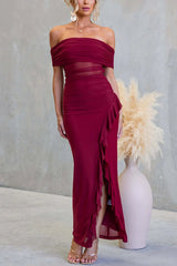 Sexy Mesh Off-shoulder Slim Fit Ruffled Slit Maxi Dress