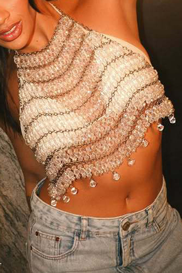 Sexy Halter Neck Transparent Bead Handmade Chest Chain Vest
