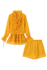 Fashionable Flower-decorated V-neck Loose Top and Elastic Waist Casual Shorts Set
