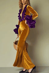 Gold Velvet Contrast Color Stitching Long-sleeved V-neck Jumpsuit