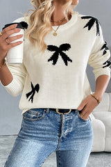 Christmas Contrast Bow Round Neck Long Sleeve Loose Knitted Sweater