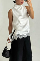 Nayla Satin Lace Trim High Neck Irregular Slit Hem Sleeveless Top