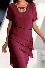Solid Color Chiffon Round Neck Short Sleeve Slim Stitching Midi Dress