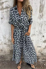 Fashionable Leopard Print Short Sleeve Tie Waist Elegant Maxi Dress