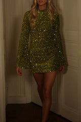 Dora Velvet Sequin High Neck Long Bell Sleeve H-line Mini Dress