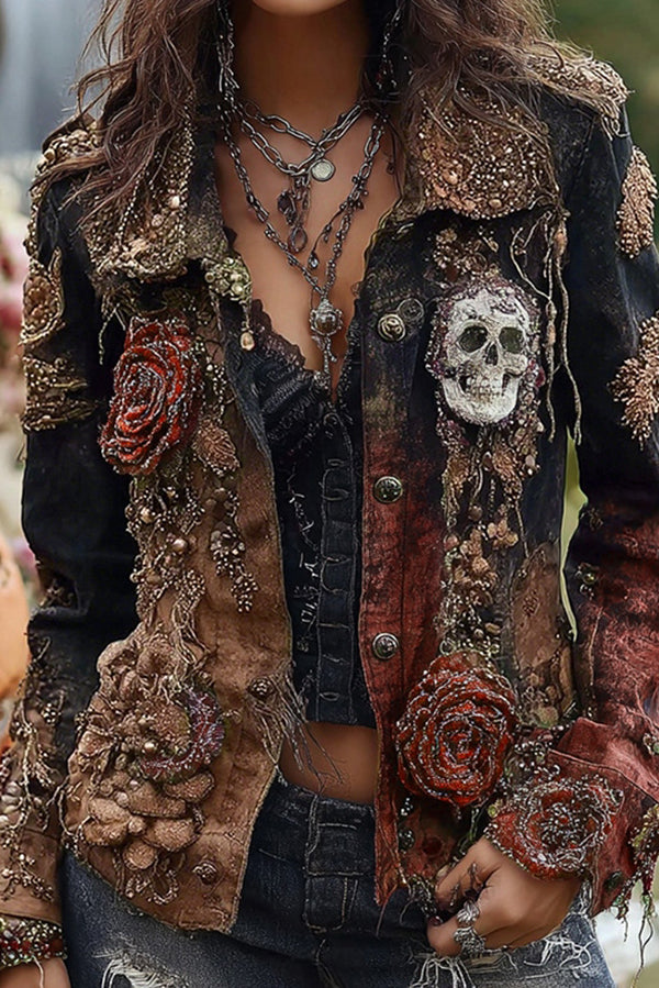 Unique Printed Lapel Long-sleeved Personalized Denim Jacket