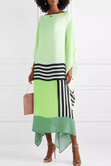 Unique Striped Print Crew Neck Loose Midi Dress