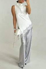 Nayla Satin Lace Trim High Neck Irregular Slit Hem Sleeveless Top