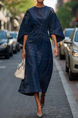 Unique Print Batwing Sleeve Waisted Casual Midi Dress