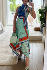 Surrealist Summer Satin Unique Print Tie-up Details Layered Hem Scarf Maxi Dress