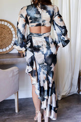 Ready for A Formal Night Tie Dye Print Gorgeous Ruffles Backless Slit Maxi Dress