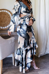 Ready for A Formal Night Tie Dye Print Gorgeous Ruffles Backless Slit Maxi Dress