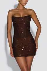 Lindsay Sequin Pleated Cowl Scooped Neckline Back Lace-up Strapless Mini Dress