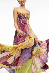 Vibrant and Bold Floral Print Sweetheart Neck Pleated Maxi Dress
