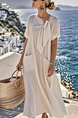 Solid Color Casual Short-sleeved Tie Round Neck Loose Pocket Mid-length Dress