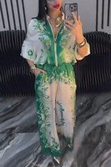 Unique Printed Casual Long-sleeved Loose Top and Elastic Waist Pocket Wide-leg Pants Set