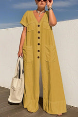 Solid Color V-neck Single-breasted Pocket Loose Casual Jumpsuit