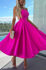 Sweet Cascade Solid Color Off Shoulder Pocket Full Hem Midi Dress
