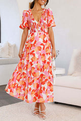 Holiday Flower Print Puff Sleeve Midi Dress