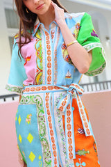 Linen Blend Unique Printed Short Sleeved Pocket Tie Waist Mini Dress(One Size UP)