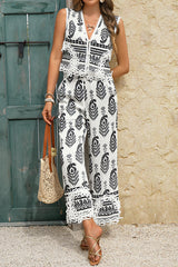 Bohemian Style Unique Print V-neck Sleeveless Top and Elastic Waist Casual Pocket Wide-leg Pants Set