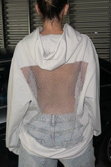 Fashionable Shiny Mesh Hollow Back Loose Long-sleeved Hooded Sweatshirt