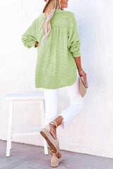 Solid Color Long Sleeve Pleated Button Loose Top