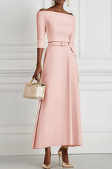 Solid Color Off-the-shoulder Waist-tied Elegant Midi Dress