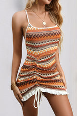 Colorful Stripe Embroidery Sexy Backless Lace-Up Holiday Mini Dress